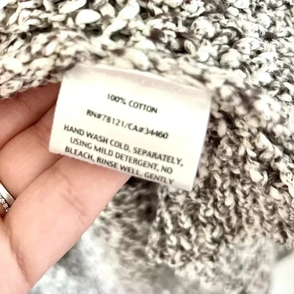 Eileen Fisher Grey & White Open Knit Drape Front Long Line Cotton Cardigan Large